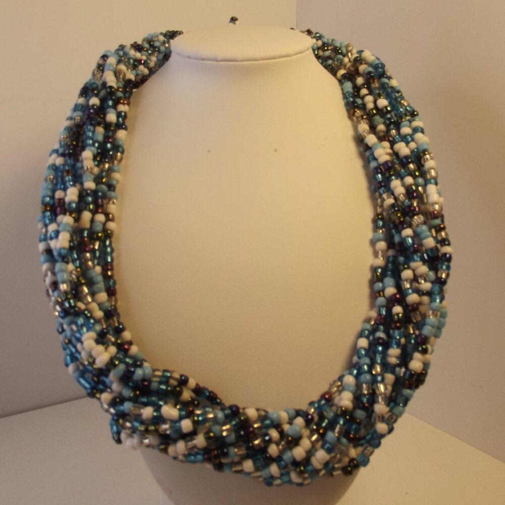 Hand Made Artisan Large Multi Strand Seed Bead Necklace Blue & White